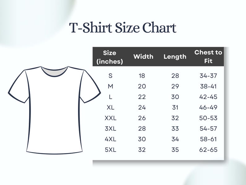 Puede incluir: Una tabla de tallas de camisetas con medidas en pulgadas. La tabla incluye tallas de la S a la 5XL, con las medidas correspondientes de ancho, largo y contorno de pecho. El texto "T-Shirt Size Chart" est&aacute; en la parte superior.