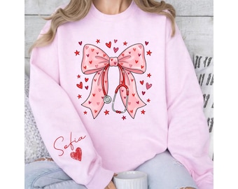 Nurse stethoscope Valentines Day Sweatshirt, Valentines Day Gifts, Pink Hearts Coquette Bow Nurse Tee, Nicu Labor Peds Gift