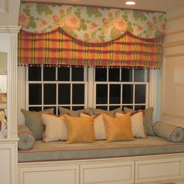 Window seat and with Roman Shade and Scalloped Valance