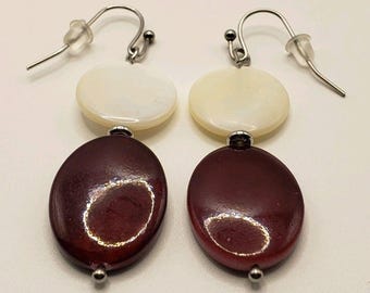 Deep Red &White ceramic costume dangle Stainless steel hypoallergenic Hooks USA!
