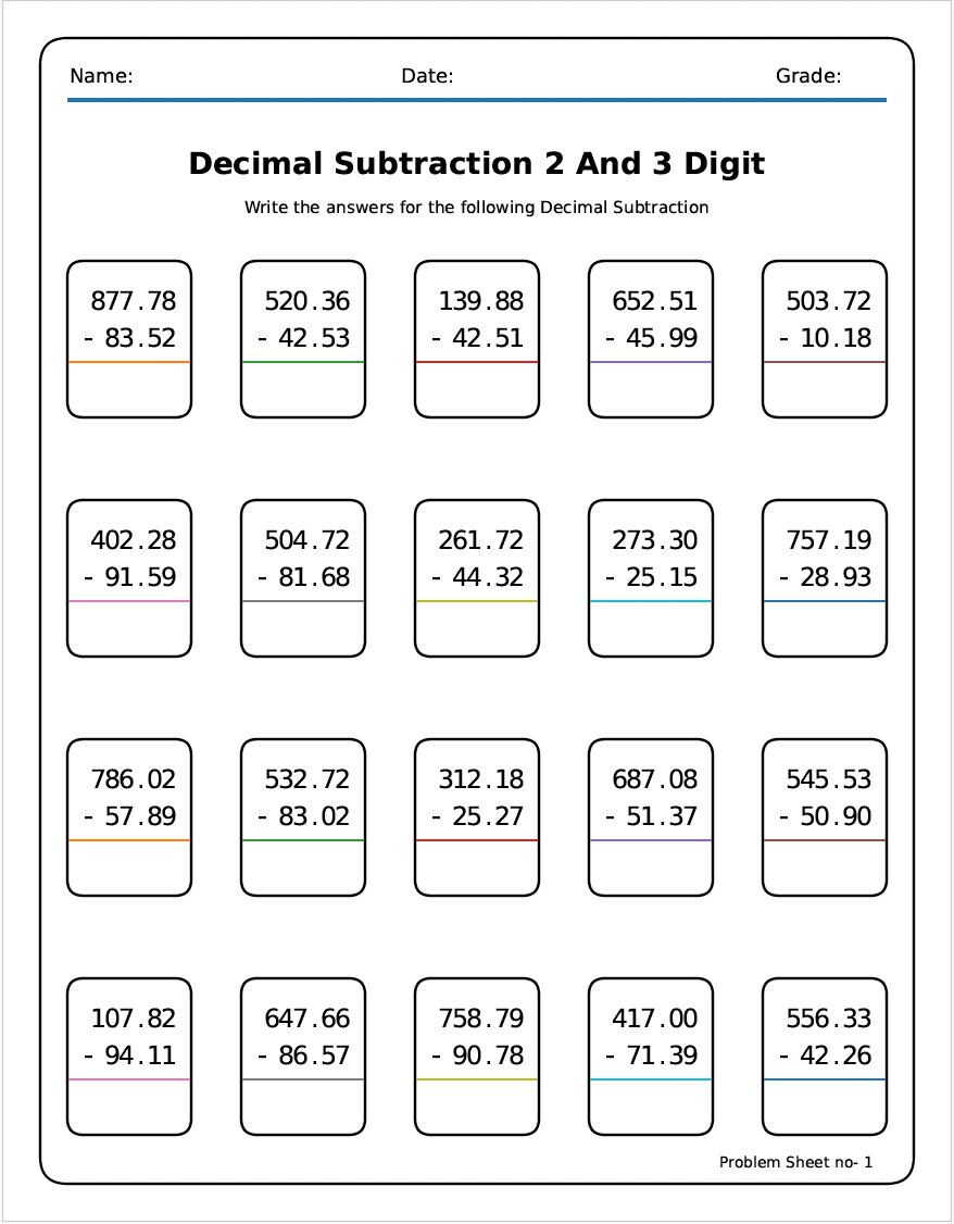 30 Printable 6th Grade Math Worksheets | Decimal Subtraction With ...