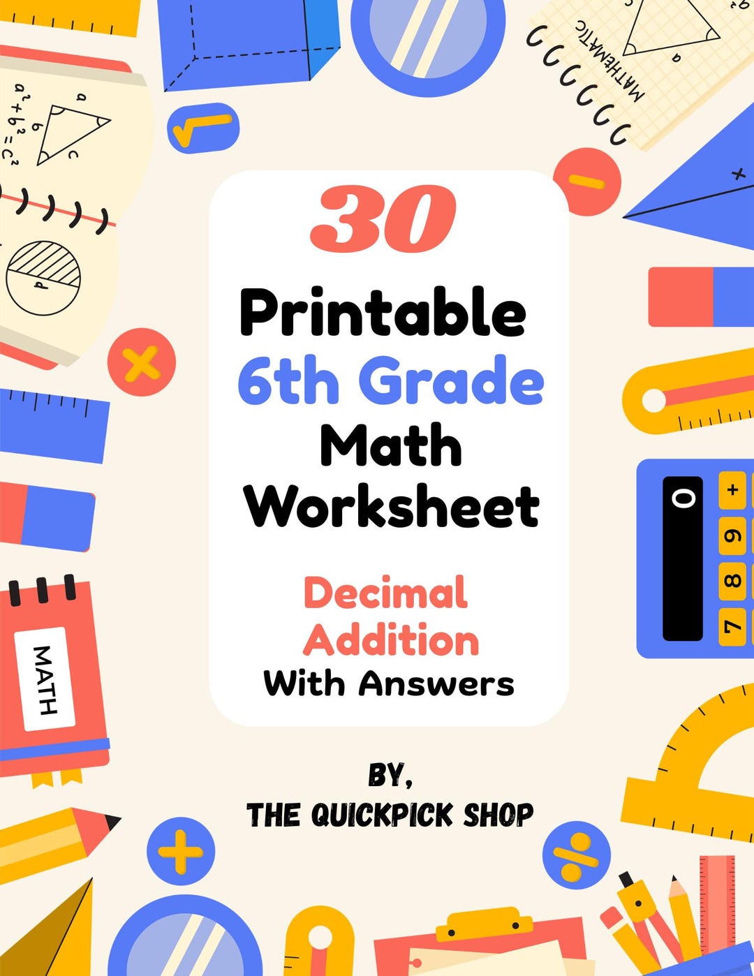30 Printable 6th Grade Math Worksheets | Decimal Addition With Answer ...