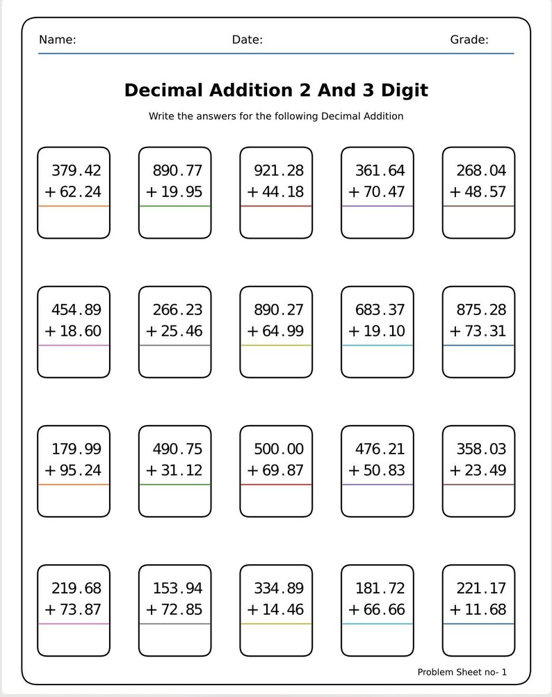 30 Printable 6th Grade Math Worksheets | Decimal Addition With Answer ...