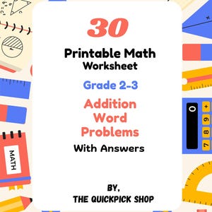 May include: A printable math worksheet with the text "30 Printable Math Worksheet Grade 2-3 Addition Word Problems With Answers" in a white rectangle. The background includes geometric shapes, a calculator, and a notepad.