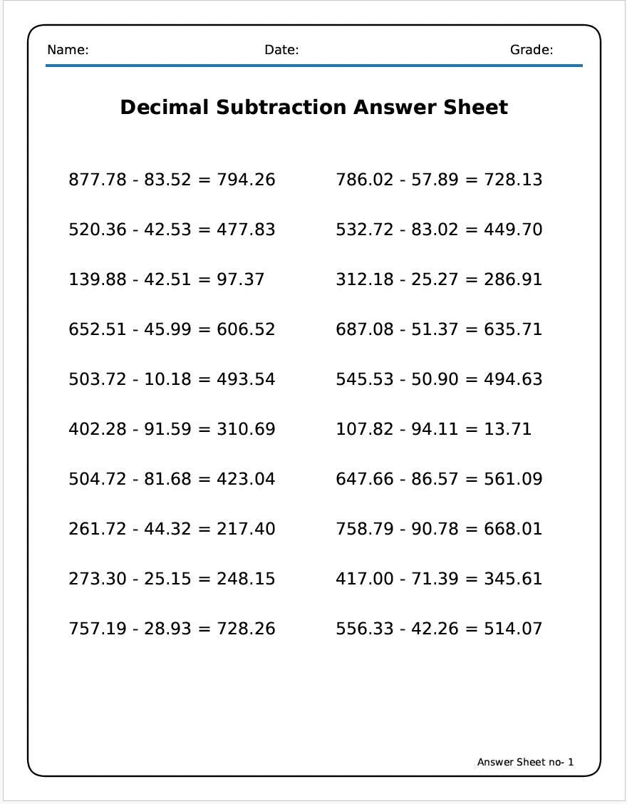 30 Printable 6th Grade Math Worksheets | Decimal Subtraction With ...