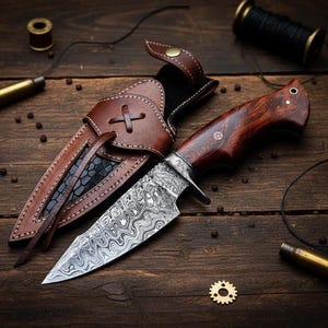 Peut inclure: Un couteau de chasse artisanal avec une lame en acier à motifs et un manche en bois foncé. Le couteau est posé à côté de son étui en cuir marron ouvert, avec un motif décoratif en point de croix. Le fond comprend des douilles de balles en laiton et de petits engrenages métalliques.