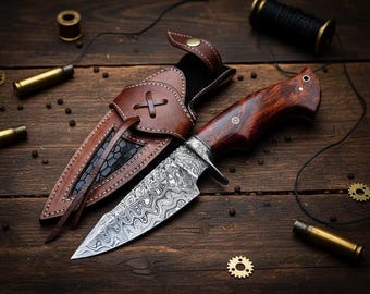 Custom Handmade Hunting Knife Rosewood Handle & Leather Sheath | Outdoor Camping | Collector Gift for Him