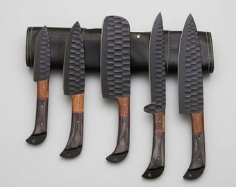 Handmade Chef Knife Set with Textured Blades & Wooden Handles | Kitchen Cooking Cutlery Gift Set.