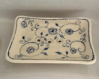 Handmade Ceramic Soap Dish, Delft Blue Floral Design