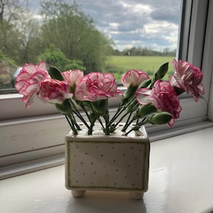 Puede incluir: Un pequeño jarrón cuadrado de cerámica color crema con un borde punteado verde y pequeños pies contiene claveles rosas y blancos. Las flores están dispuestas en una ventana con vistas a un campo verde y un cielo nublado.