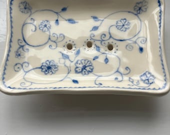 Handmade Ceramic Soap Dish, Delft Blue Floral Design