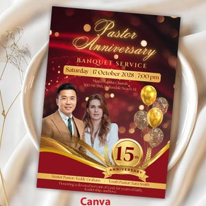May include: A red and gold Pastor Anniversary Banquet Service flyer template. The flyer features a photo of two people, gold balloons, and the text "15th Anniversary". The bottom of the flyer reads "Canva Template Instant Download".