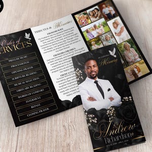 May include: A funeral program brochure featuring a black background with gold text and floral accents. The cover displays a portrait of a man in a white suit, the name Andrew Richardson, and the text In Loving Memory. The interior lists order of services.