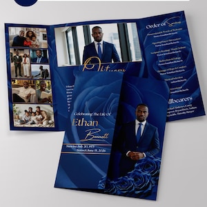 Blue roses Funeral Program Gatefold Template, Editable Memorial Brochure, Obituary Template for Celebration of Life, Funeral Programs canva