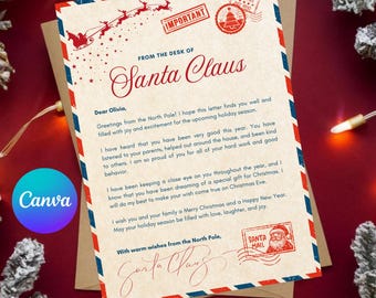Editable Personalized Letter from Santa Claus, From the Desk of Santa Template, Christmas Eve Letter, North Pole Mail, Instant Download