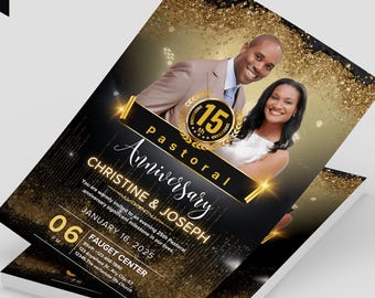 Black and Gold Pastor Anniversary Flyer, Church Event Canva Template