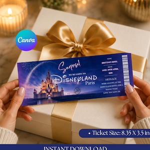Könnte beinhalten: Ein rechteckiges Disneyland Paris Überraschungs-Urlaubsticket mit den Maßen 21,21 cm mal 8,89 cm. Das Ticket zeigt einen dunkelblauen Hintergrund mit einer Schlossillustration, Feuerwerk und dem Text Surprise! We're going to Disneyland Paris.