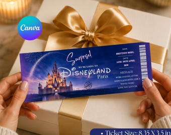 Disneyland paris Ticket | Disneyland Ticket | Surprise Vacation Reveal Ticket, Custom Holiday Gift,  Instant Download, Canva