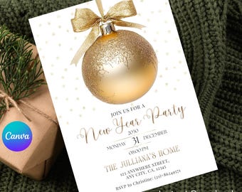 New Year Party Invitation Template, gold white New Years Eve Invite Canva, Editable NYE Invitation 5x7, Instant Download