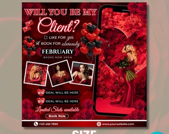 February Booking Flyer, Valentine's Day Flyer, February Hair Flyer, February Braid Flyer, February LashFlyer, February Makeup Flyer,Template
