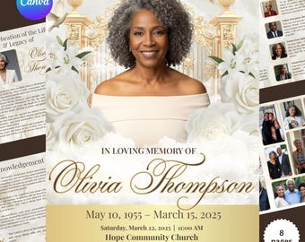 8 page White and Gold roses Funeral Program Template, Memorial Program, Obituary Book, Celebration of Life, In Loving Memory Editable Design