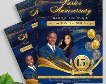 Navy & Gold Pastor Anniversary Banquet Flyer, Editable Canva Template