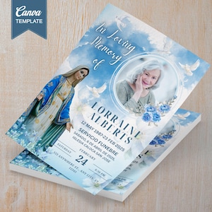 Virgin Mary Funeral Invitation Template, Floral Memorial Card (Digital)
