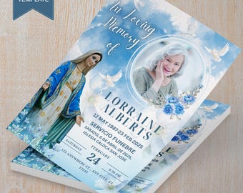 Virgin Mary Funeral Invitation Template, Floral Memorial Card (Digital)