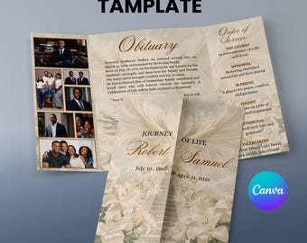 Angel Wings Funeral Program Gatefold Template, Editable Memorial Brochure, Obituary Template for Celebration of Life, 3 sizes available