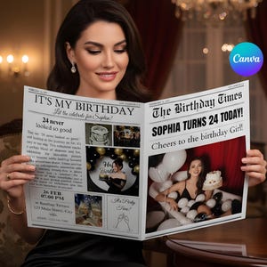 May include: A woman holding a newspaper titled "It's My Birthday" and "The Birthday Times." The newspaper features birthday-themed images and text, including "Sophia Turns 24 Today!" and party details.