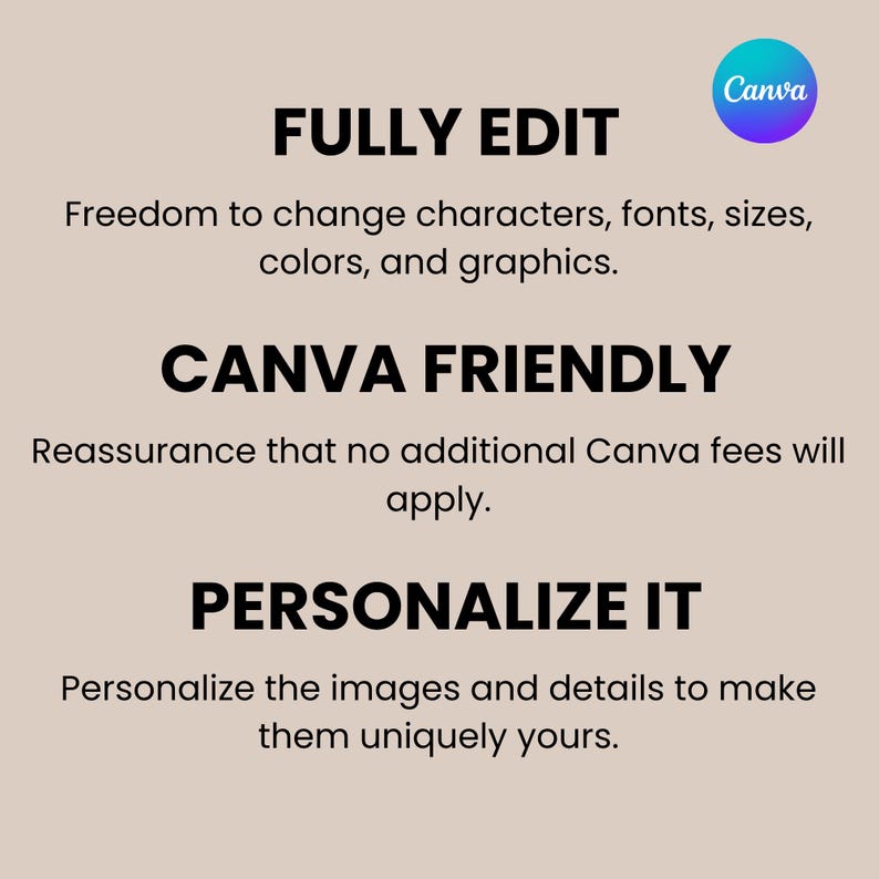 May include: A graphic with the Canva logo and text that reads "FULLY EDIT", "CANVA FRIENDLY", and "PERSONALIZE IT". The text describes the ability to change characters, fonts, sizes, colors, and graphics.