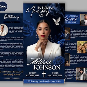 May include: A funeral program template featuring a deep blue background with dark blue roses and a white dove. The central panel displays a portrait of a person in a white blazer, the text In Loving Memory Of Melissa Johnson, and dates.