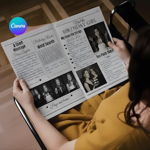 Puede incluir: Una tarjeta de cumplea&ntilde;os en blanco y negro estilo peri&oacute;dico con fotos y texto. El titular dice "Meet the Birthday Girl". La tarjeta incluye una b&uacute;squeda de palabras, un mensaje corto y datos divertidos. La tarjeta la sostiene una persona con una camisa amarilla.