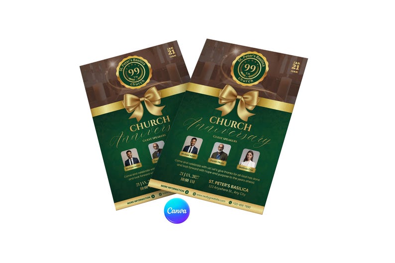 Pu&ograve; includere: Due volantini per un evento di anniversario della chiesa. Il design presenta una combinazione di colori verde e oro con un fiocco dorato e il testo "Church Anniversary". I volantini includono immagini di relatori ospiti e dettagli dell'evento.