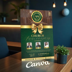 Pu&ograve; includere: Un volantino verde e oro per l'anniversario della chiesa con un fiocco dorato, il testo "Church Anniversary" e le foto degli oratori. Il volantino include la data, l'ora e il luogo dell'evento. La parola "Canva" &egrave; in basso.