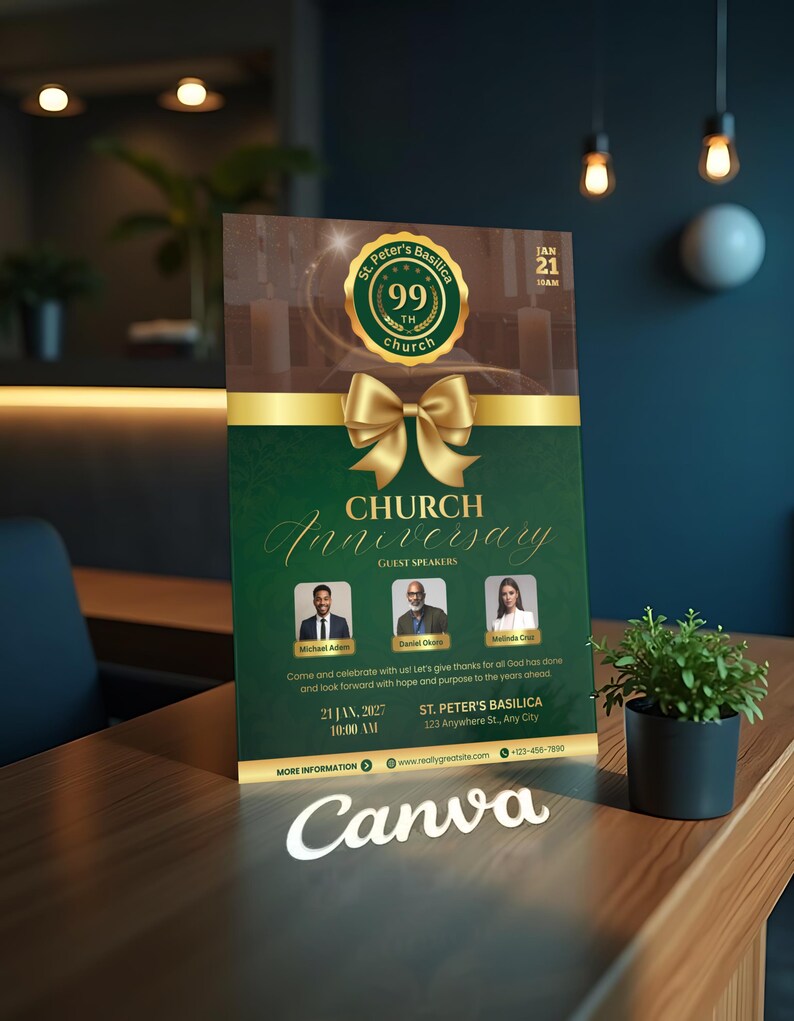 Pu&ograve; includere: Un volantino verde e oro per l'anniversario della chiesa con un fiocco dorato, il testo "Church Anniversary" e le foto degli oratori. Il volantino include la data, l'ora e il luogo dell'evento. La parola "Canva" &egrave; in basso.