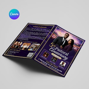May include: A purple and gold brochure for the 5th Pastoral Anniversary of Grace Life Church. The brochure features photos of Pastor John Harris and First Lady Mary Collins, along with guest speakers. The Canva logo is in the upper left corner.