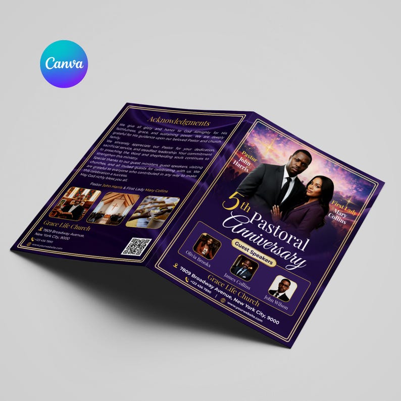 May include: A purple and gold brochure for the 5th Pastoral Anniversary of Grace Life Church. The brochure features photos of Pastor John Harris and First Lady Mary Collins, along with guest speakers. The Canva logo is in the upper left corner.