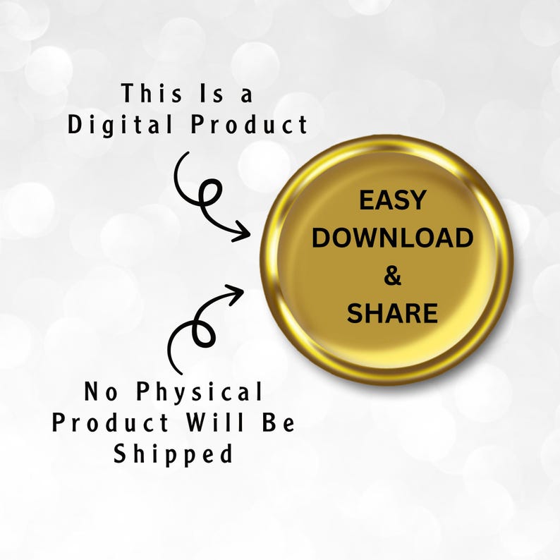 Pu&ograve; includere: Annuncio di un prodotto digitale con un badge circolare dorato che recita "DOWNLOAD E CONDIVIDI FACILE". &Egrave; presente anche il testo "Questo &egrave; un prodotto digitale" e "Nessun prodotto fisico verr&agrave; spedito".