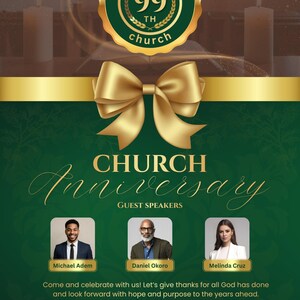 Pu&ograve; includere: Annuncio di anniversario della chiesa verde e oro. Il design include un fiocco dorato, il testo "CHURCH Anniversary" e le foto degli oratori. L'evento si terr&agrave; il 21 gennaio 2027 alle 10:00.