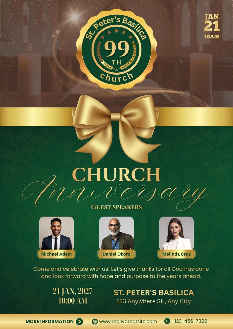 Pu&ograve; includere: Annuncio di anniversario della chiesa verde e oro. Il design include un fiocco dorato, il testo "CHURCH Anniversary" e le foto degli oratori. L'evento si terr&agrave; il 21 gennaio 2027 alle 10:00.