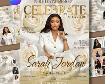 White Roses Funeral Program Template: 8-Page Memorial (Canva, PDF Download) Funeral Magazine program, Celebration of Life Brochure Template