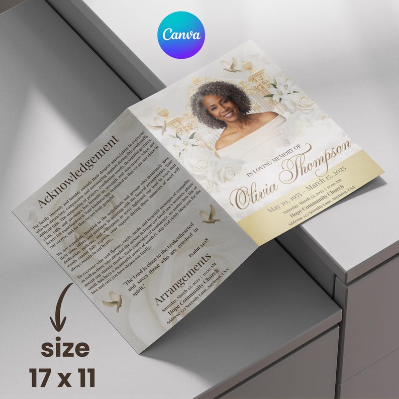 May include: A folded memorial card with a photo of Olivia Thompson, floral accents, and text. The card is 17 x 11 inches and includes details about the memorial service, including the date, time, and location.