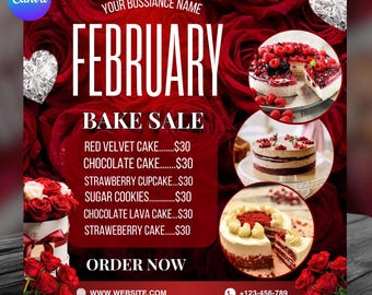 Valentine's Day Bakery Flyer, February Bake Sale Flyer, Bakery Flyer, DIY Template Design, Sweet Treats Template, Cake Flyer, Canva Editable