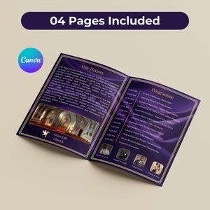 May include: A brochure with a purple and gold design, featuring the text "04 Pages Included" at the top. The brochure is open, displaying text and a schedule. The Canva logo is visible in the corner. The brochure is for Grace Life Church.