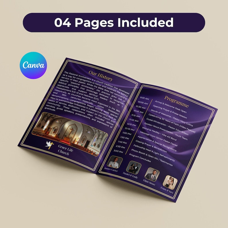 May include: A brochure with a purple and gold design, featuring the text "04 Pages Included" at the top. The brochure is open, displaying text and a schedule. The Canva logo is visible in the corner. The brochure is for Grace Life Church.