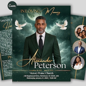 May include: A memorial announcement with a portrait of a man in a green suit, the text "In Loving Memory" and the name "Alexander Peterson." Includes dates, a church address, and a poem. Two white doves and a full moon are in the background.
