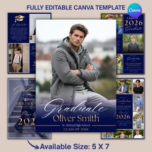 Puede incluir: Una plantilla de anuncio de graduación azul marino con una foto de un graduado. El diseño incluye el texto "Graduate Oliver Smith" y "Class of 2026". El anuncio está disponible en un tamaño de 12,7 x 17,8 cm.