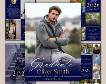 Male Graduation Photo Card Template Class of 2026, Senior Boy Graduation Announcement, Handwritten Script Photo Collage Invite Canva