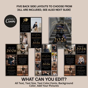 Class of 2026 graduation party invitation template with elegant script typography and modern photo collage design. Editable Canva graduation announcement ideal for boys graduation invitations and high school graduation celebration cards.